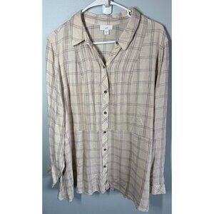J.Jill Womens Plaid Button Up Pleated Top XL Beige Gray Longsleeve Collared Flow